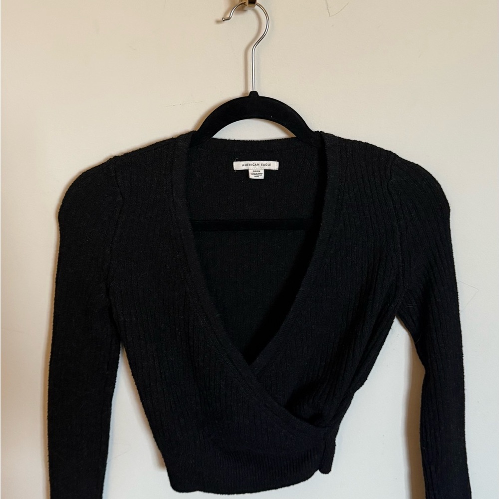 Black Ribbed Wrap Sweater